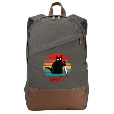 Vintage Cat What? Funny Black Cat Murderous Cat With Knife Gift Cotton Canvas Backpack