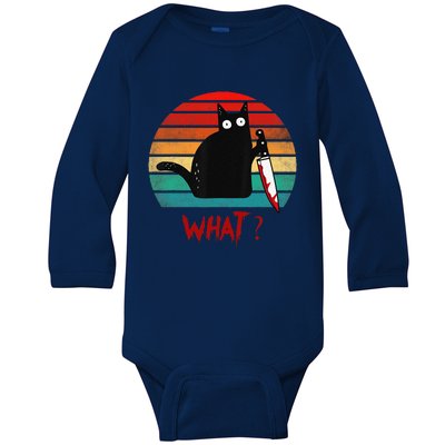 Vintage Cat What Funny Black Cat Murderous Cat With Knife Baby Long Sleeve Bodysuit