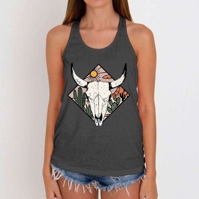 Vintage Country Western Desert Bull Cool Country Bull Head Women's Knotted Racerback Tank