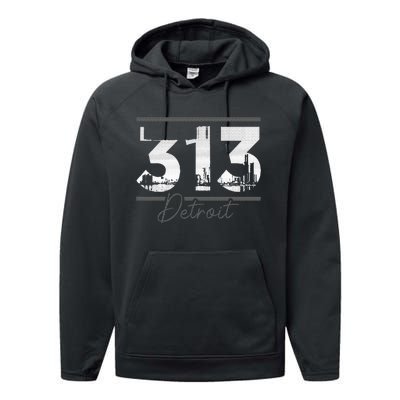 Vintage Detroit 313 Area Code Skyline Michigan Funny Performance Fleece Hoodie