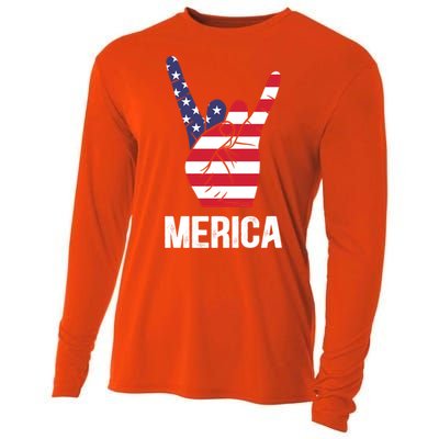 Veterans Day 4th Of July Patriotic I Love Usa Devil Horns Gift Cooling Performance Long Sleeve Crew