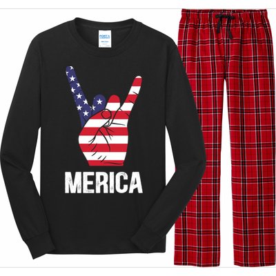 Veterans Day 4th Of July Patriotic I Love Usa Devil Horns Gift Long Sleeve Pajama Set