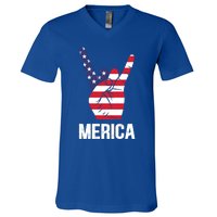 Veterans Day 4th Of July Patriotic I Love Usa Devil Horns Gift V-Neck T-Shirt