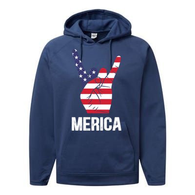 Veterans Day 4th Of July Patriotic I Love Usa Devil Horns Gift Performance Fleece Hoodie