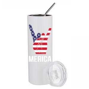 Veterans Day 4th Of July Patriotic I Love Usa Devil Horns Great Gift Stainless Steel Tumbler