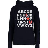 Valentines Day Alphabet ABC I Love You Teacher Womens Funnel Neck Pullover Hood