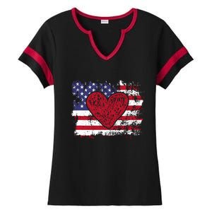 ValentineS Day American Flag Red Hearts Us Patriotic Love Ladies Halftime Notch Neck Tee