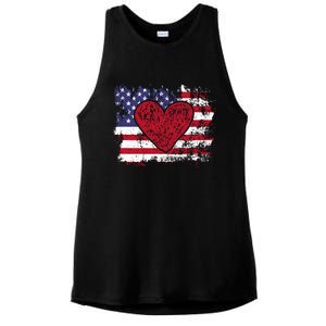 ValentineS Day American Flag Red Hearts Us Patriotic Love Ladies PosiCharge Tri-Blend Wicking Tank