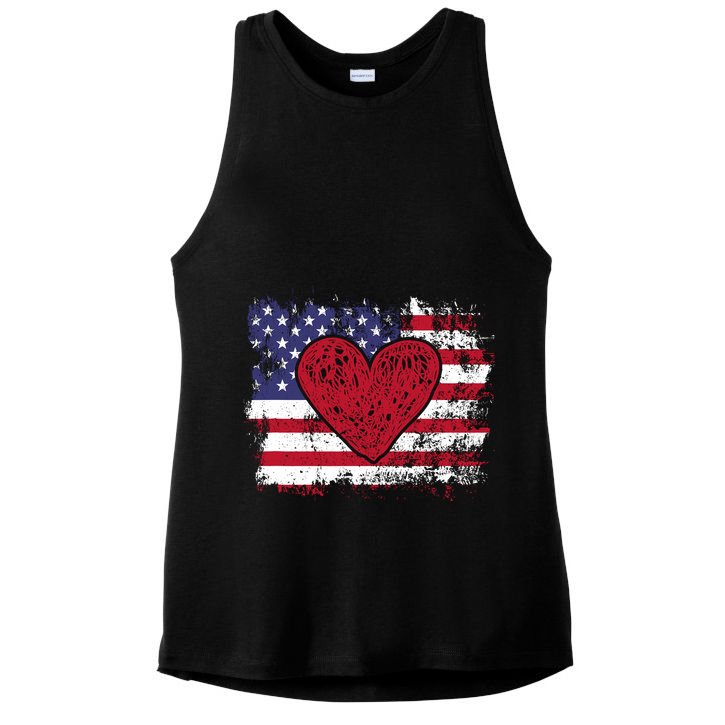 ValentineS Day American Flag Red Hearts Us Patriotic Love Ladies PosiCharge Tri-Blend Wicking Tank