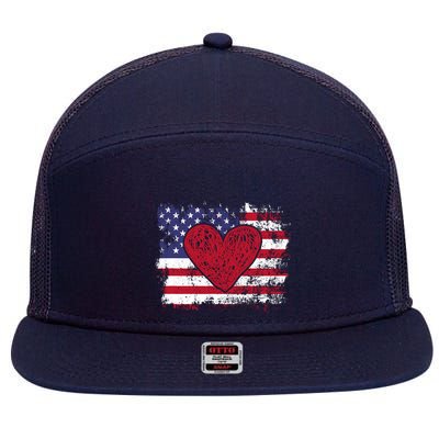 ValentineS Day American Flag Red Hearts Us Patriotic Love 7 Panel Mesh Trucker Snapback Hat