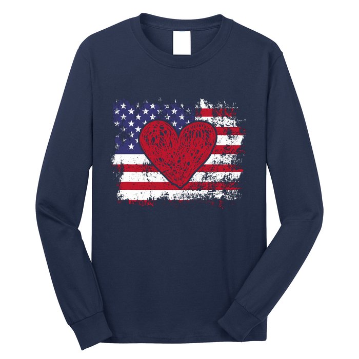 ValentineS Day American Flag Red Hearts Us Patriotic Love Long Sleeve Shirt