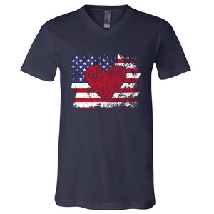 ValentineS Day American Flag Red Hearts Us Patriotic Love V-Neck T-Shirt