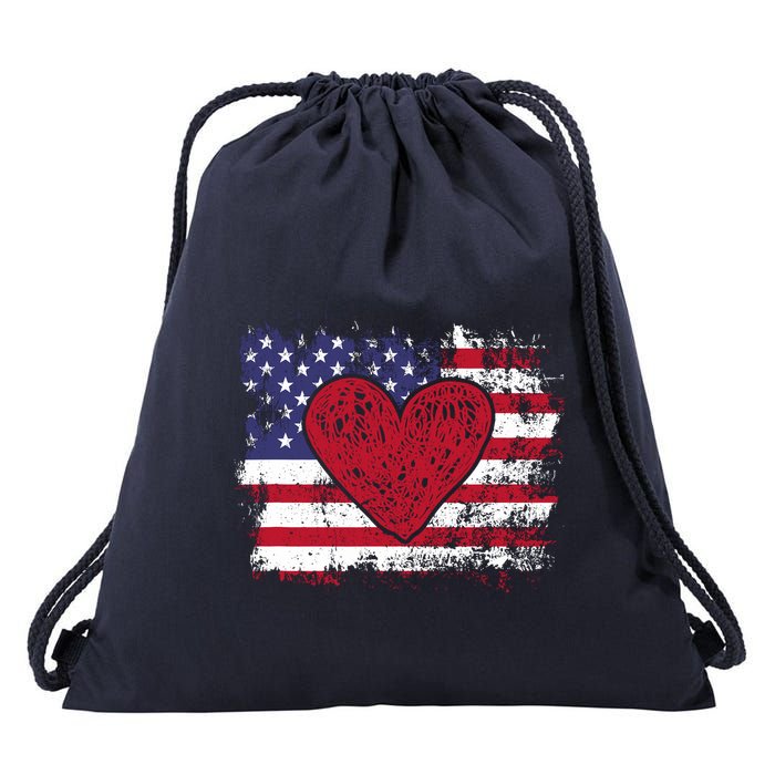 ValentineS Day American Flag Red Hearts Us Patriotic Love Drawstring Bag