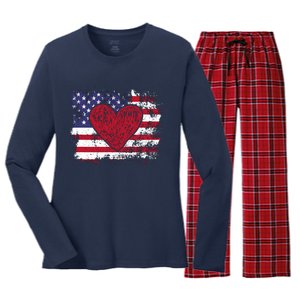 ValentineS Day American Flag Red Hearts Us Patriotic Love Women's Long Sleeve Flannel Pajama Set 