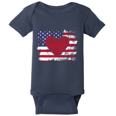 ValentineS Day American Flag Red Hearts Us Patriotic Love Baby Bodysuit