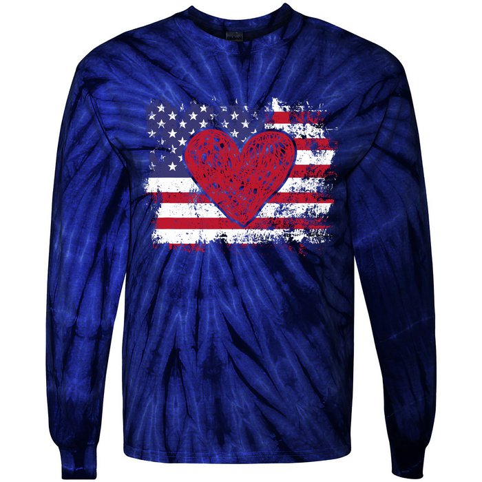 ValentineS Day American Flag Red Hearts Us Patriotic Love Tie-Dye Long Sleeve Shirt