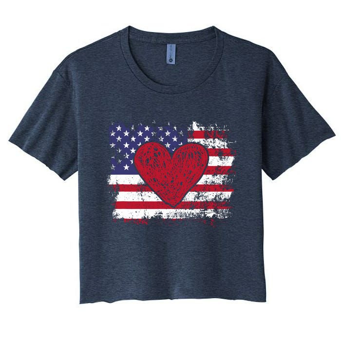 ValentineS Day American Flag Red Hearts Us Patriotic Love Women's Crop Top Tee