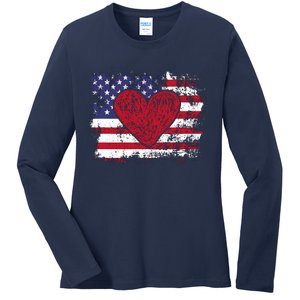 ValentineS Day American Flag Red Hearts Us Patriotic Love Ladies Long Sleeve Shirt