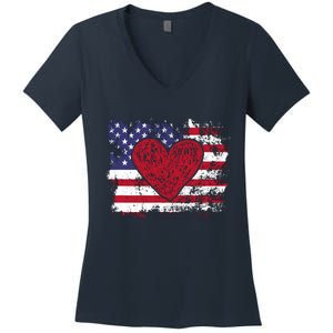 ValentineS Day American Flag Red Hearts Us Patriotic Love Women's V-Neck T-Shirt