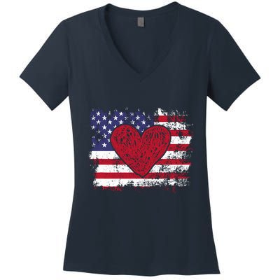 ValentineS Day American Flag Red Hearts Us Patriotic Love Women's V-Neck T-Shirt