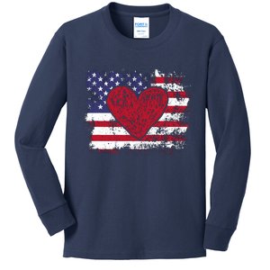 ValentineS Day American Flag Red Hearts Us Patriotic Love Kids Long Sleeve Shirt