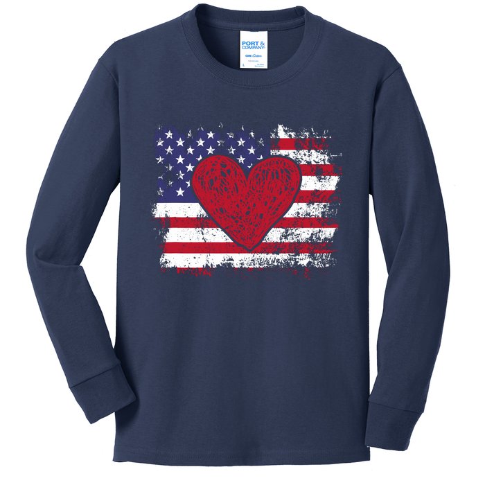 ValentineS Day American Flag Red Hearts Us Patriotic Love Kids Long Sleeve Shirt