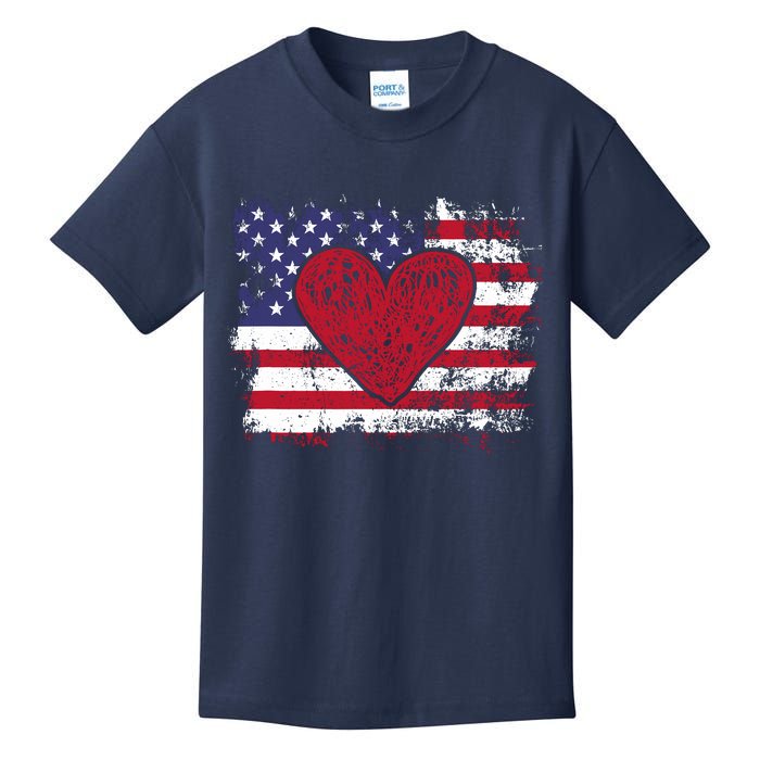 ValentineS Day American Flag Red Hearts Us Patriotic Love Kids T-Shirt