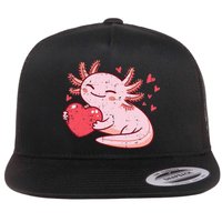 Valentines Day Axolotl Heart Cute  Flat Bill Trucker Hat
