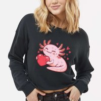 Valentines Day Axolotl Heart Cute  Cropped Pullover Crew