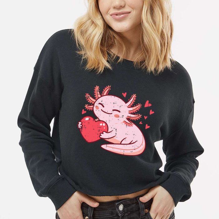 Valentines Day Axolotl Heart Cute  Cropped Pullover Crew