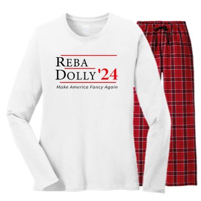 Vintage Dolly And Reba 2024 Make America Fancy Again Women's Long Sleeve Flannel Pajama Set 