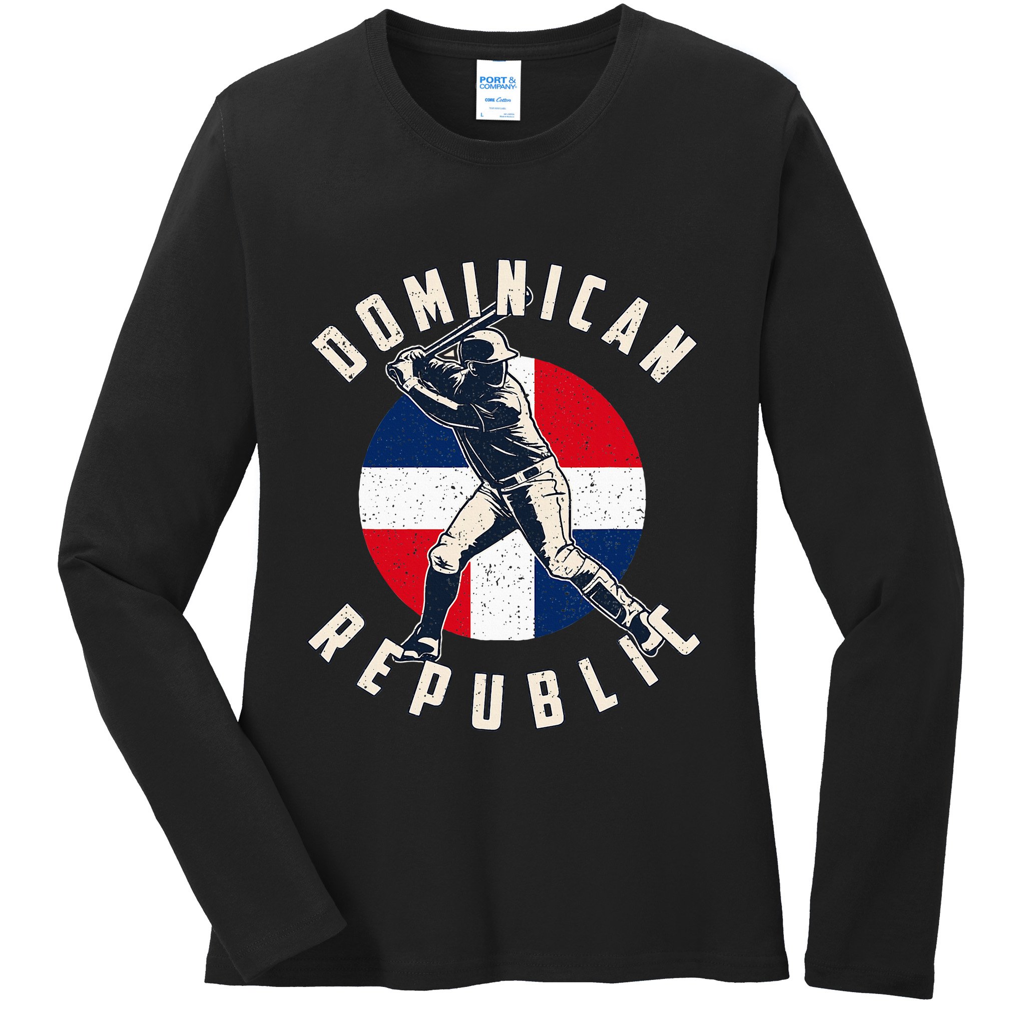 Vintage Dominican Baseball Batter Dominican Republic Flag Ladies Long Sleeve Shirt