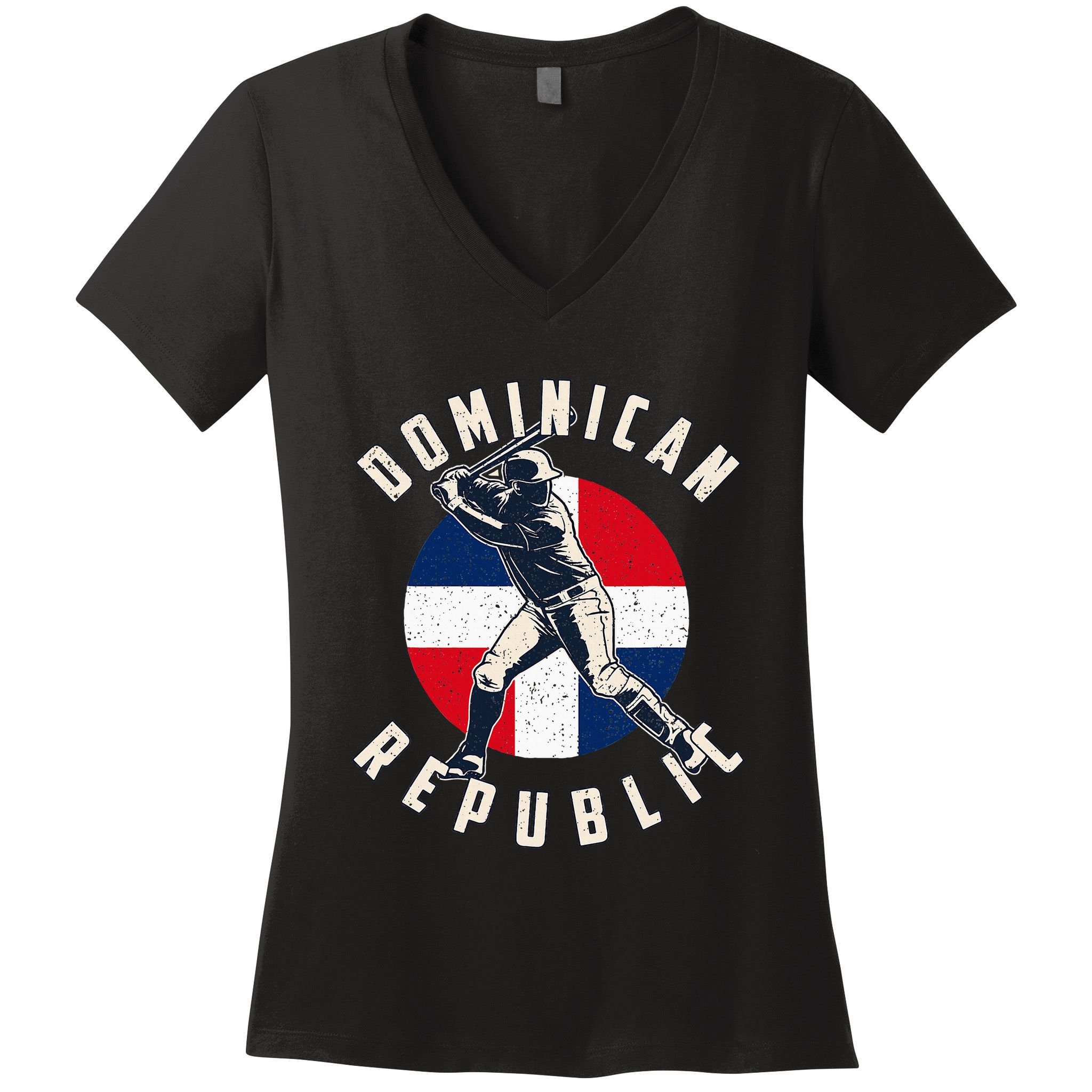Vintage Dominican Baseball Batter Dominican Republic Flag Women's V-Neck T-Shirt