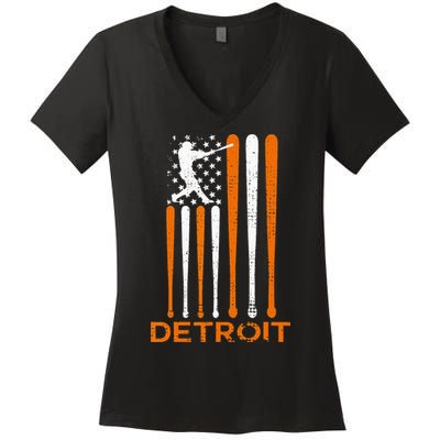 Vintage Detroit Baseball Soul American US Flag Women's V-Neck T-Shirt