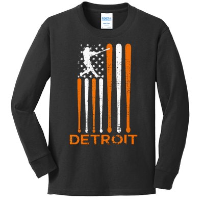 Vintage Detroit Baseball Soul American US Flag Kids Long Sleeve Shirt