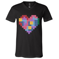 Valentines Day Blocks Pixelated Heart Bricks V-Neck T-Shirt