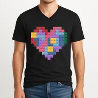 Valentines Day Blocks Pixelated Heart Bricks V-Neck T-Shirt