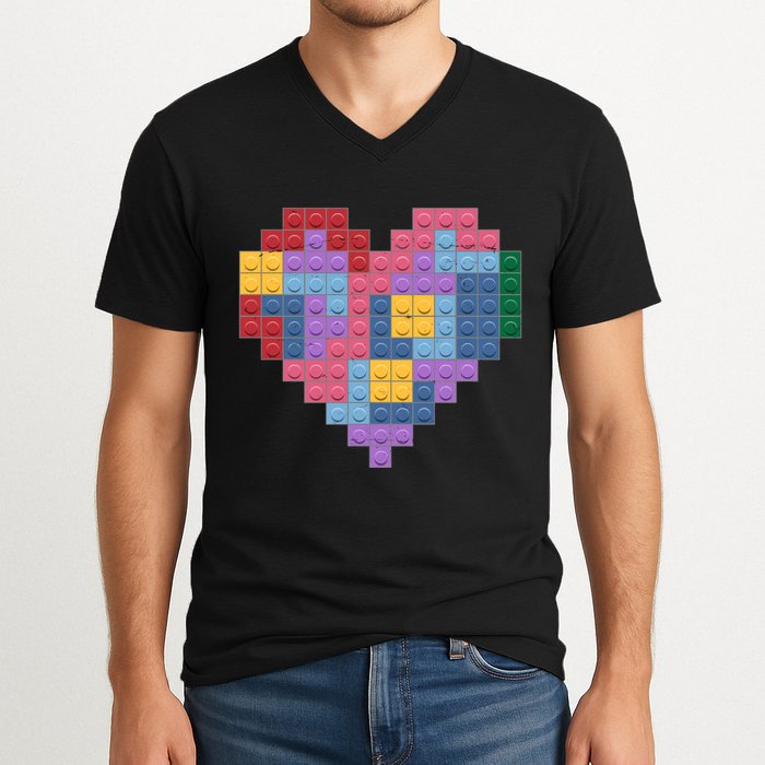 Valentines Day Blocks Pixelated Heart Bricks V-Neck T-Shirt