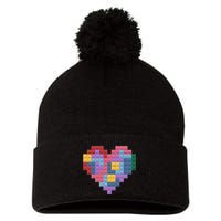 Valentines Day Blocks Pixelated Heart Bricks Pom Pom 12in Knit Beanie
