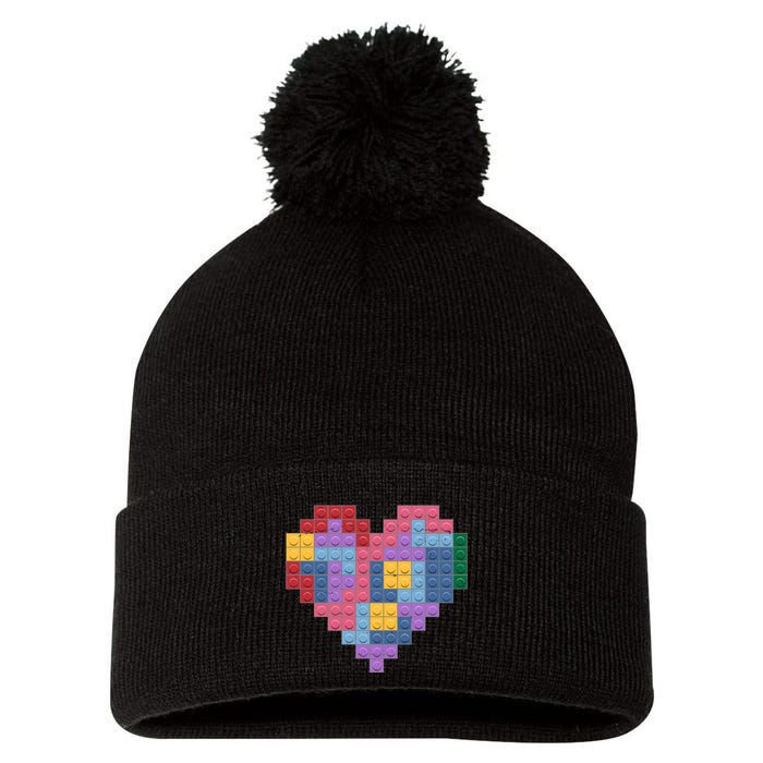Valentines Day Blocks Pixelated Heart Bricks Pom Pom 12in Knit Beanie