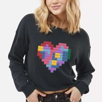 Valentines Day Blocks Pixelated Heart Bricks Cropped Pullover Crew