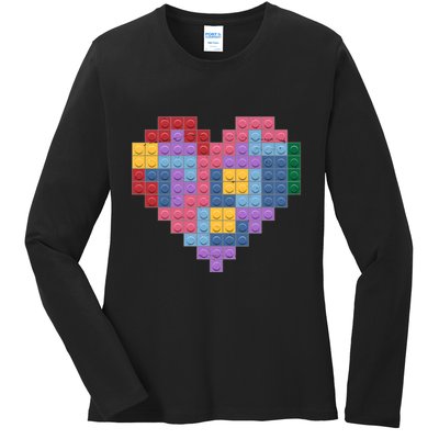 Valentines Day Blocks Pixelated Heart Bricks Ladies Long Sleeve Shirt