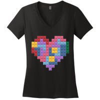 Valentines Day Blocks Pixelated Heart Bricks Women's V-Neck T-Shirt