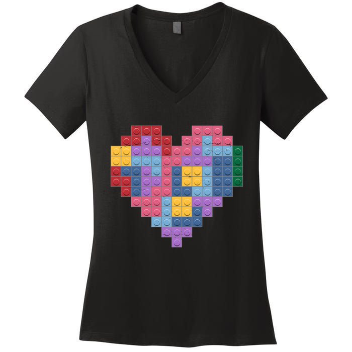 Valentines Day Blocks Pixelated Heart Bricks Women's V-Neck T-Shirt