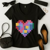 Valentines Day Blocks Pixelated Heart Bricks Women's V-Neck T-Shirt
