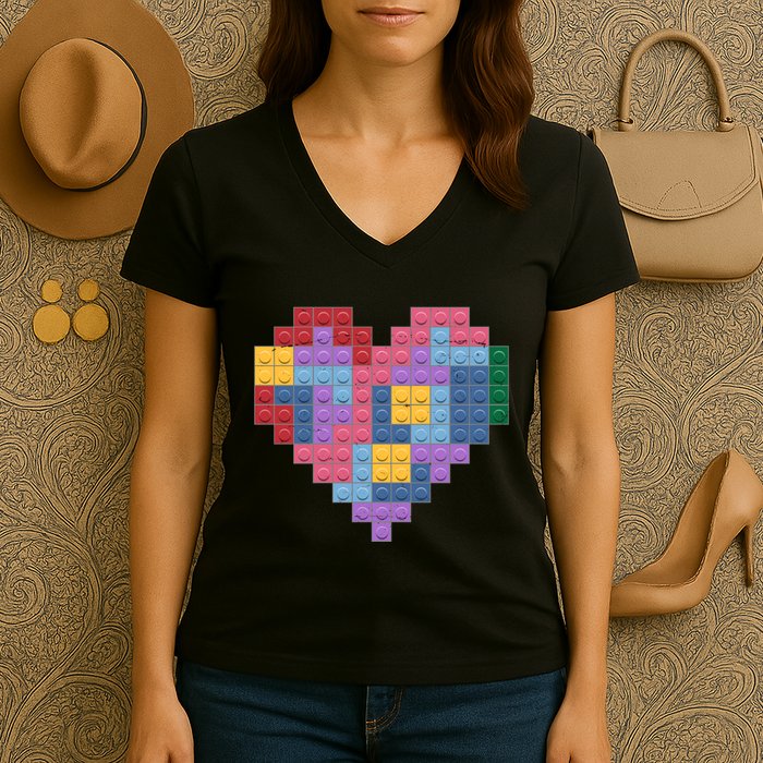 Valentines Day Blocks Pixelated Heart Bricks Women's V-Neck T-Shirt