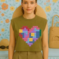 Valentines Day Blocks Pixelated Heart Bricks Garment-Dyed Women's Muscle Tee