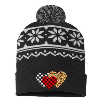 Valentine's Day Buffalo Plaid, Leopard Print Hearts USA-Made Snowflake Beanie