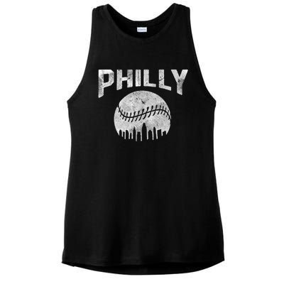 Vintage Distressed Baseball Lovers Cityscape Skyline Ladies PosiCharge Tri-Blend Wicking Tank