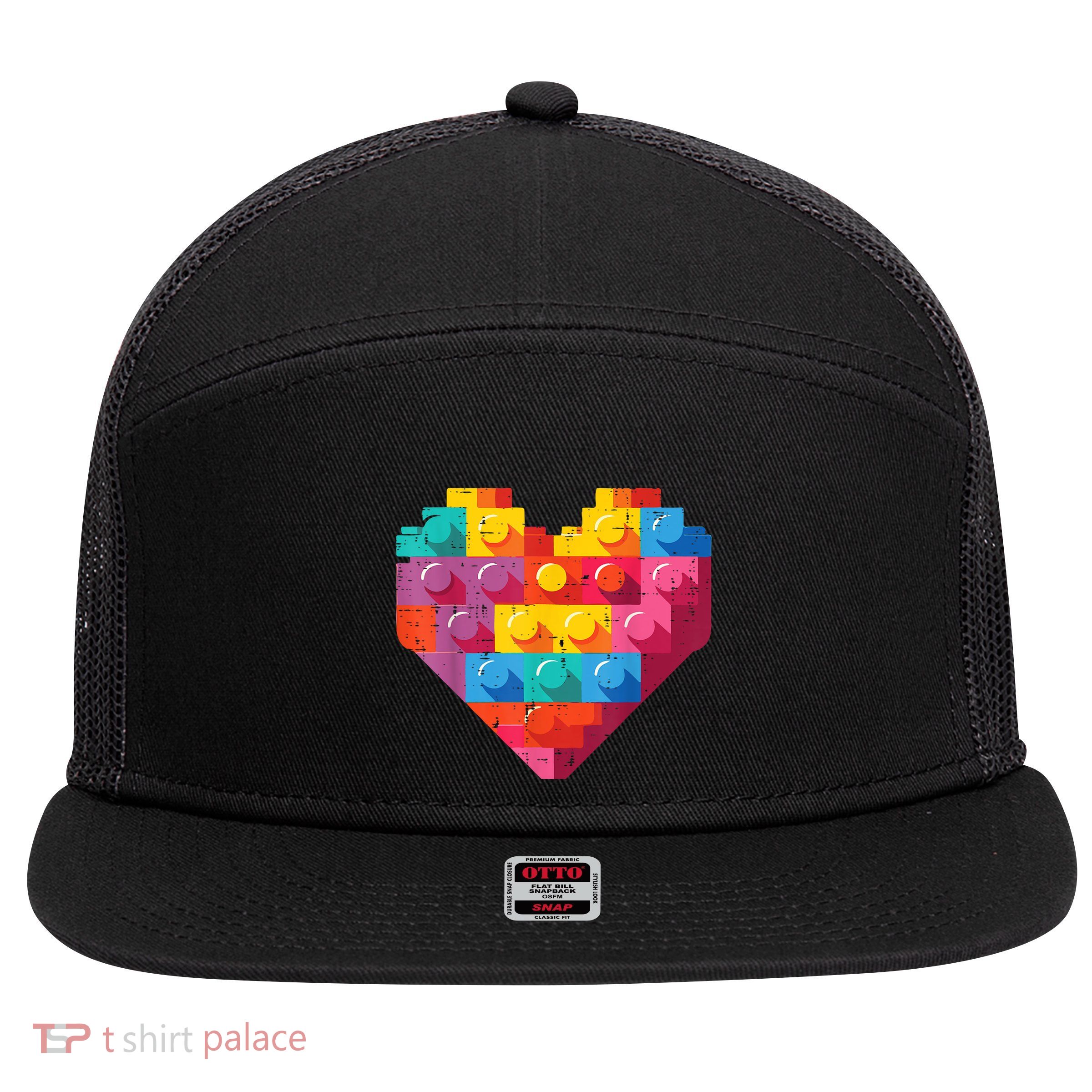 Valentines Day Blocks Heart Bricks 7 Panel Mesh Trucker Snapback Hat